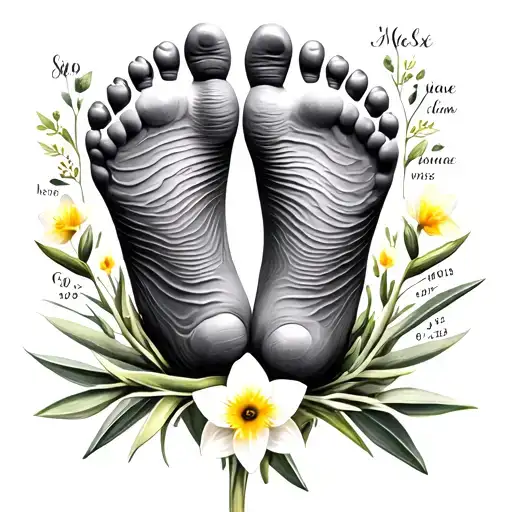 Baby Foot Prints With Name And Date Of Birth With Daffodils And Sage Plants
