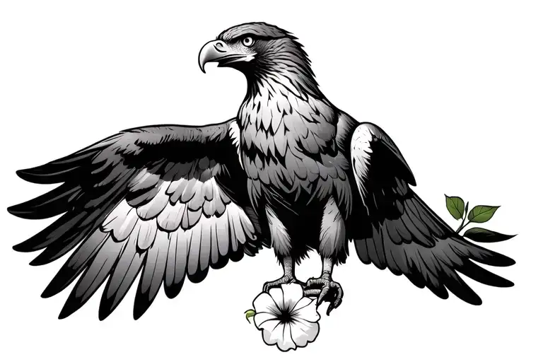 Full Body Eagle With Wings Spread Holding A Petunia Flower In Its Claws