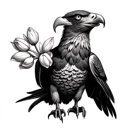 Eagle Spread Out With Tulips In His Mouth Gazing