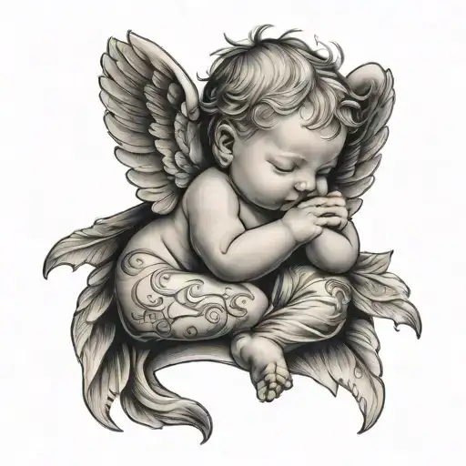 Baby Angel Sleeping Inside Wings On Side