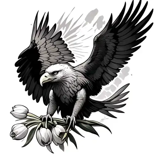 Eagle With Wings Spread Out With Tulips In His Mouth