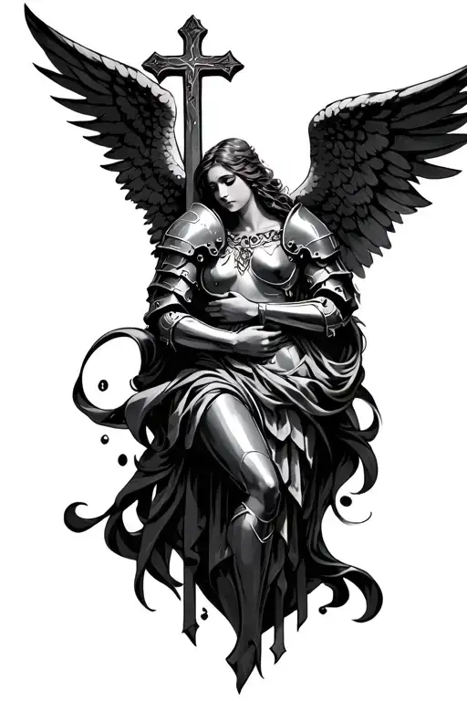 Gothic Angel With Armor Hugging A Cross