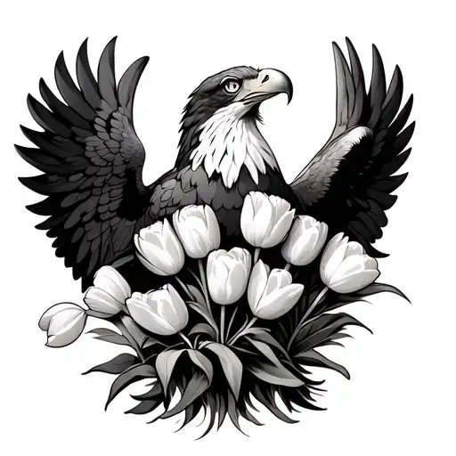 Eagle With Wings Spread Out With Tulips In His Mouth