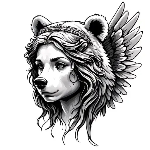 Bear Head With Virgin Woman's Face With Wings