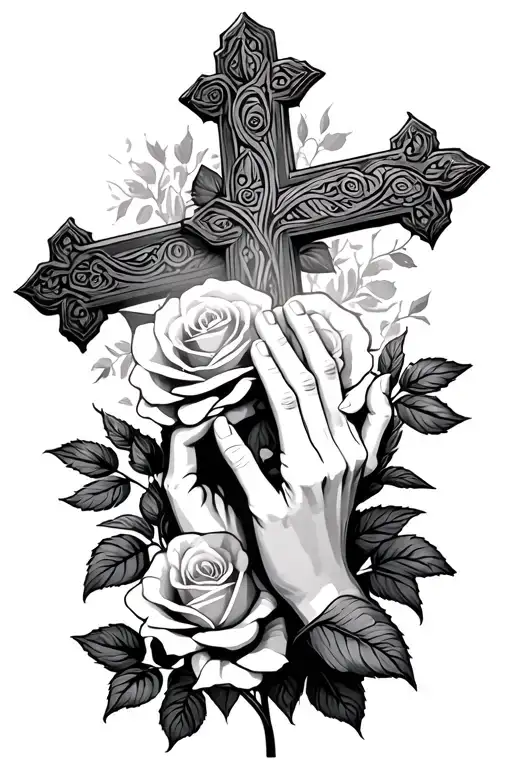 Cross Nd Rose With Praying Hands