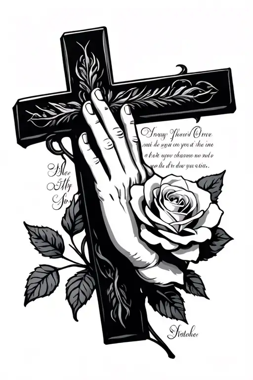 Cross Nd Rose With Praying Hands With Bible Verse