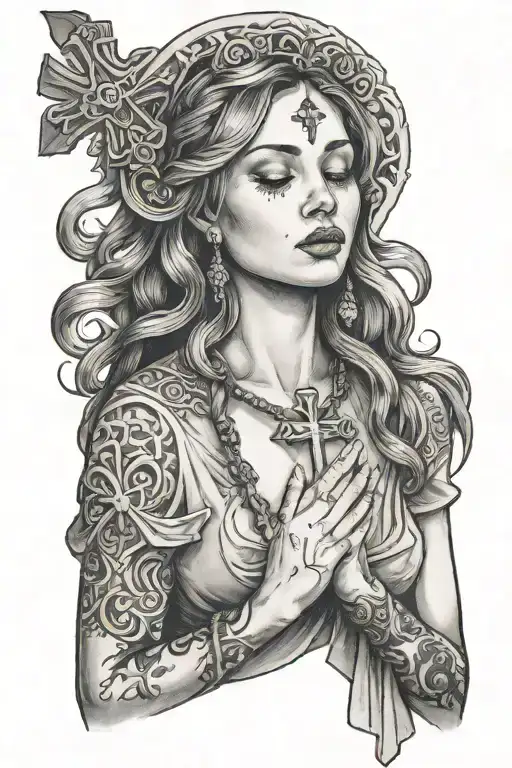 Woman Praying With Cross Necklace