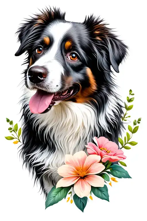 Blue Merle Australian Shepherd In The Flowers