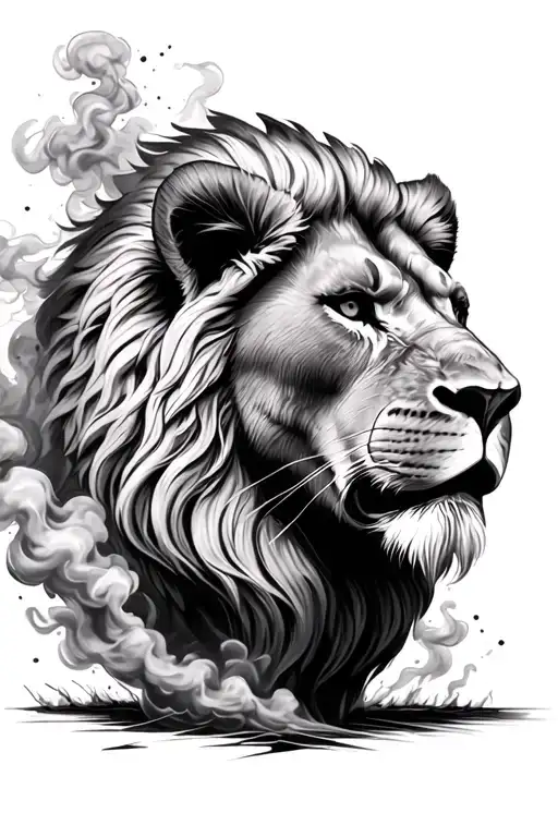 Featuring The Face Of A Majestic Lion Emerging Partially From The Smoke Of A Gunshot