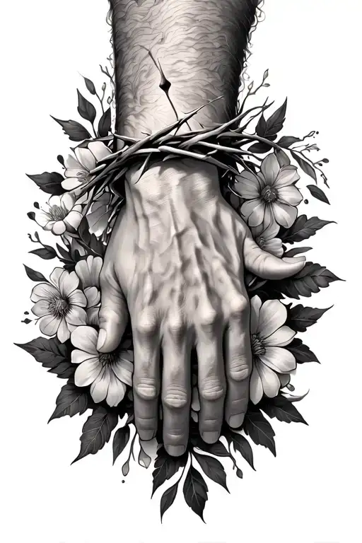 Adam Hands Reaching For Crown Of Thorns Surrounded By Flowers On Forearm Side View