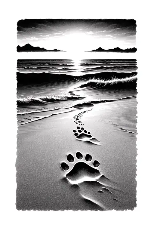 Paw Print Trail In Sand Leading Towards Sunset