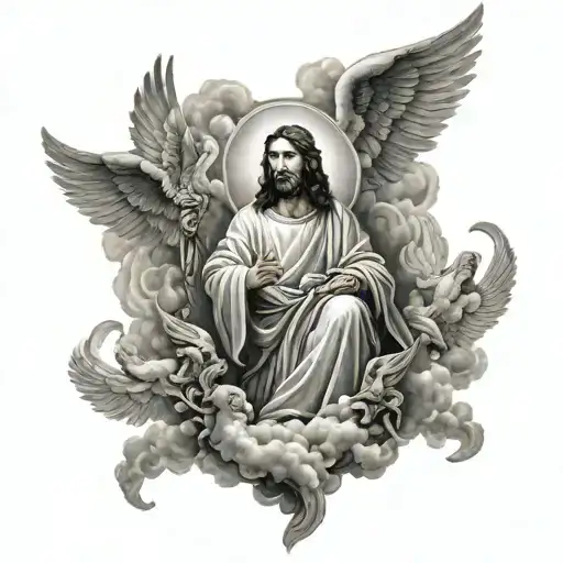 Jesus With Angels And Clouds Around A