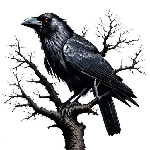 Black Raven Sitting In A Tree Holding A Scale
