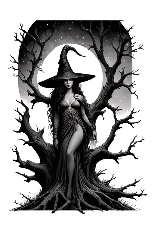 Hanged Woman With Witch Hat On Large Dead Tree Branch