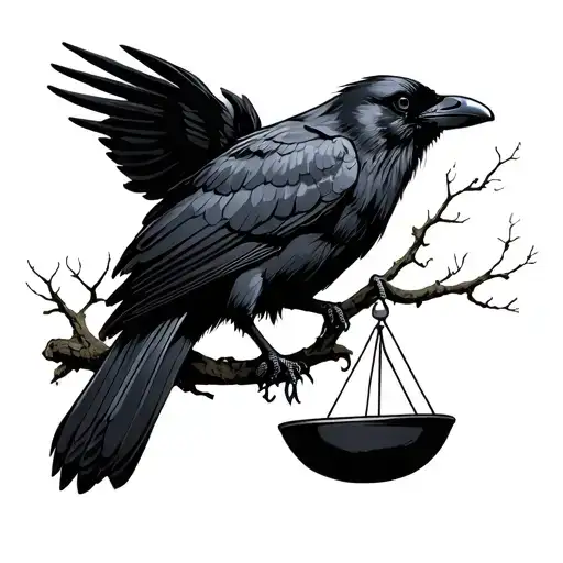 Black Raven Sitting In A Tree Holding A Scale Balanced
