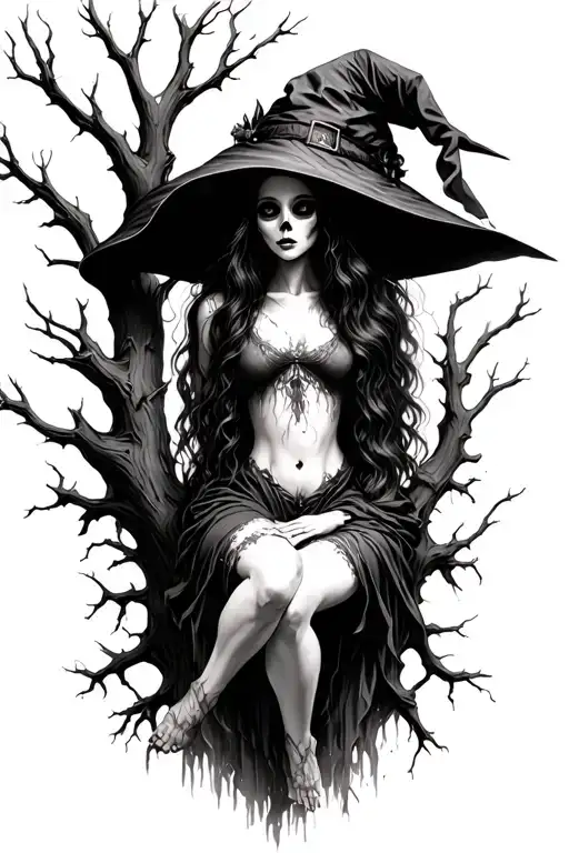 Dead Woman With Witch Hat Hanging From Large Dead Tree Branch