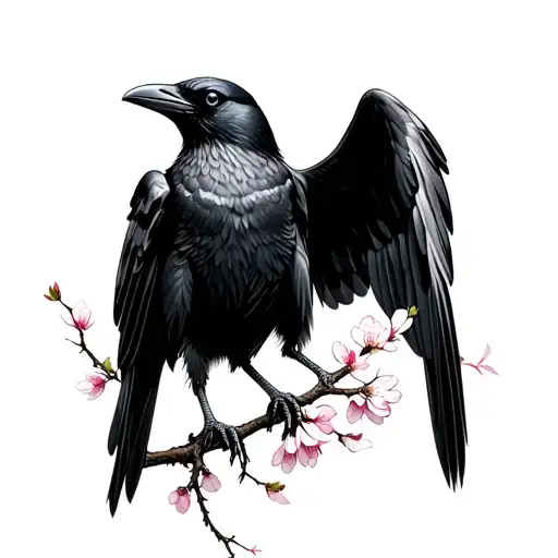 A Crow With A Cherry Blossom Branch In Its Mouth And Its Wings Spread