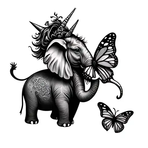 Elephant With A Unicorn On Its Back And A Butterfly On The Trunk