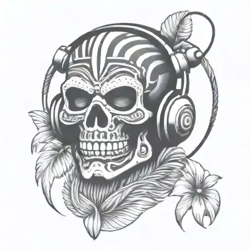 Tiki Mask Skull Wearing Headphones