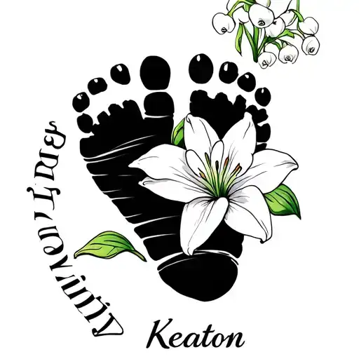 Baby Foot Print With A Lilly Of The Valley Flower And The Name Keaton All Intertwined