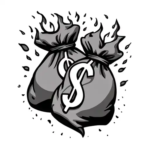 Money Bags With Dollar Signs On Fire Flames