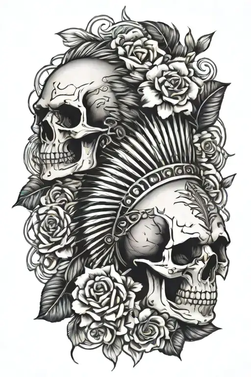 Indian Head Skull Surrounded With Flowers