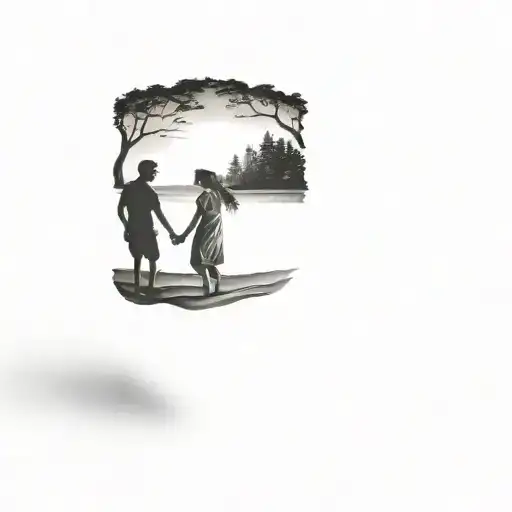 Join Together A Beach Scene With A Couple As A Silhouette And A Forest Scene