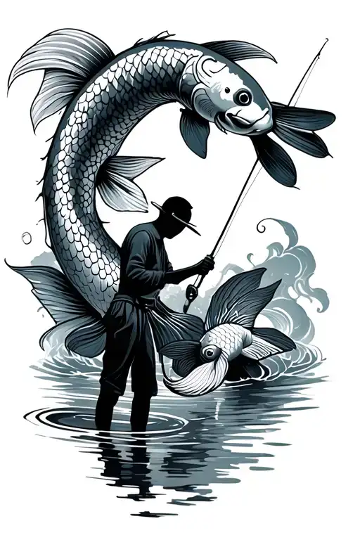 Stick Man Fishing For Koi Fish