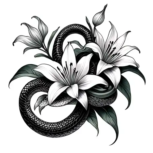 Snake And Lilies Intertwined