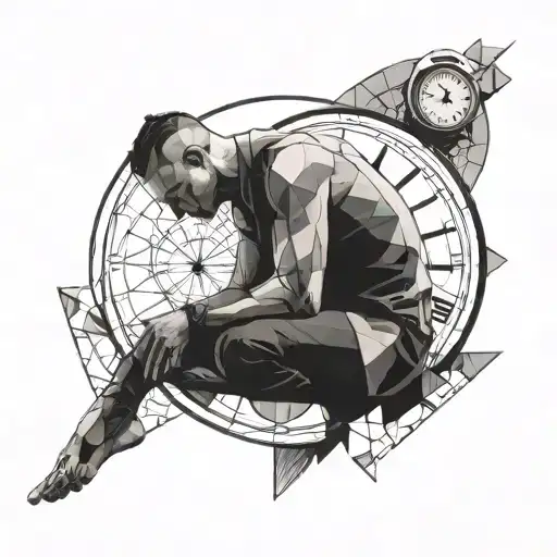 Geometric Man Holding And Contemplating A Broken Clock With The Numbers Floating Away