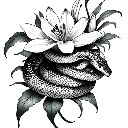 Snake And Lilies Intertwined