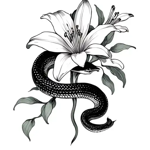 Snake And Lilies Intertwined