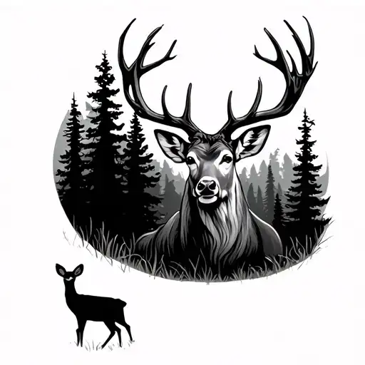 Deer In Forest Trees Background Looking