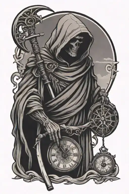 Merciless Grim Reaper Holding A Scythe And A Watch