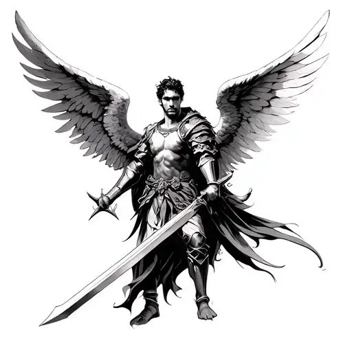 A Man Angel Wielding A Sword With His Wings Vertically Using Armor