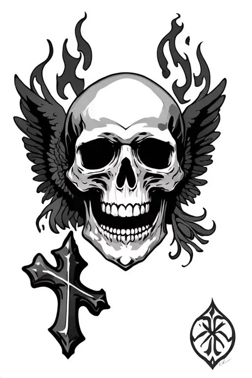 Skull And Cross And Flames And Angel Right Arm Sleeve