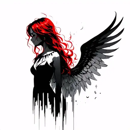 Silhouette Of A Red -Haired Girl With Angel Wings In Fire