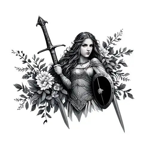 Viking Shield Maiden Holding Flowers With Sword