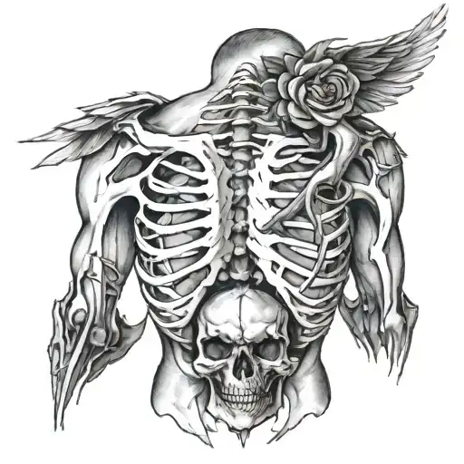 Back Tattoo Where The Bones Are Metallic And The Right Shoulder Blade Is Broken