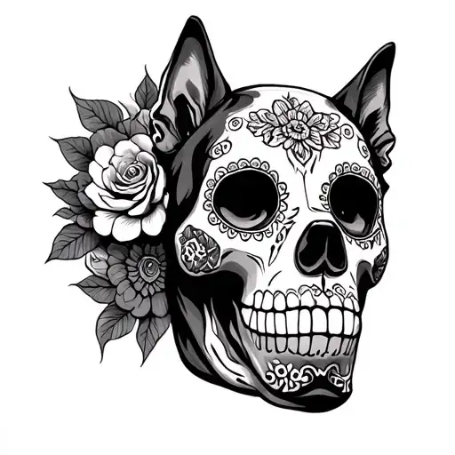 Brindle Shepard Mix Sugar Skull Surrounded