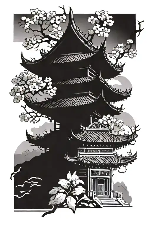 Chinese Temple Surrounded By Cherry