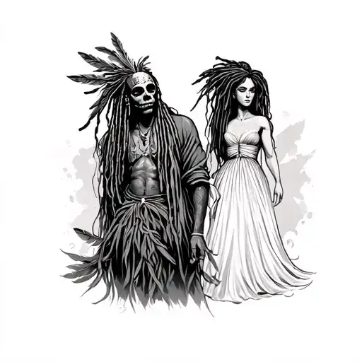 Voodoo Man With Feathers As Dreads And A Lady In A Long Dress In The Background