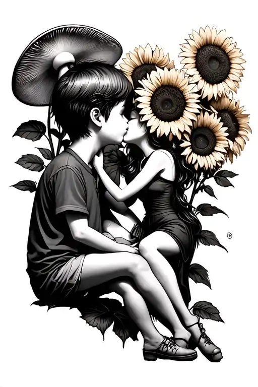 Mashroom Boy Kiss Sunflower Girl Sitting With Him