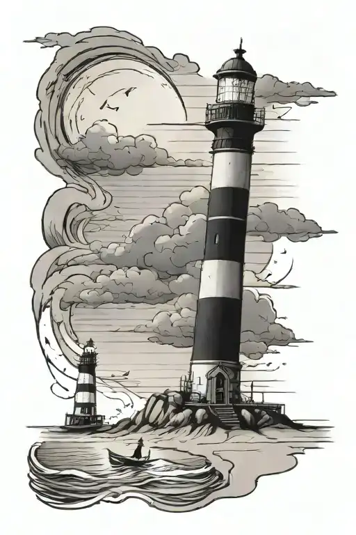 A Beach And A Light House With People