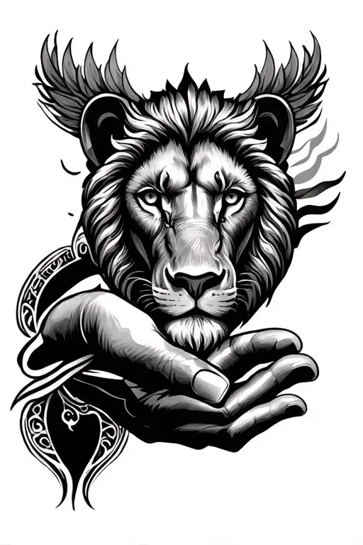 Lion Face Inside A Khamsa Hand Tattoo Featuring