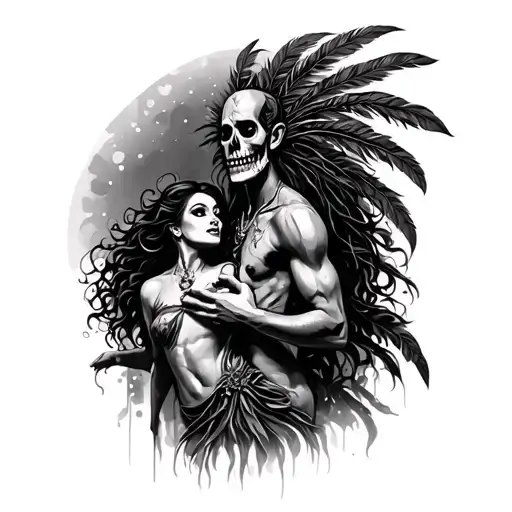 Voodoo Man With Feathers As Hair And A Lady Dancing In The Background