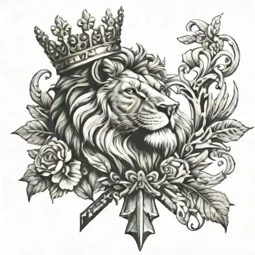 Chest Tattoo Of A Lion Wearing A Crown In Front Of A Cross