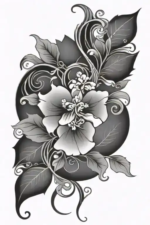 Symmetrical Floral With Stem And Leaves With Art Nouveau Curved Elements