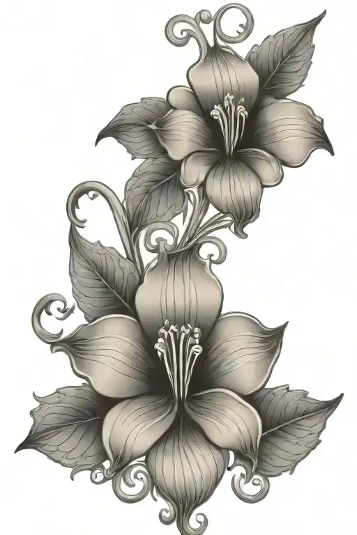 Symmetrical Floral With Stem And Leaves With Art Nouveau Curved Elements