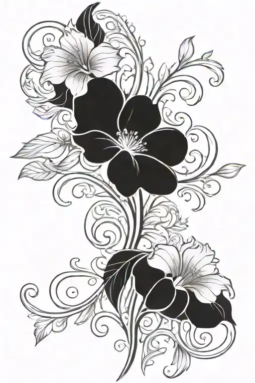 Symmetrical Floral With Stem And Leaves With Art Nouveau Curved Elements